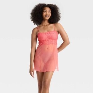 Women's Straight Neck Lingerie Babydoll Slip Dress - Auden™ Coral XS